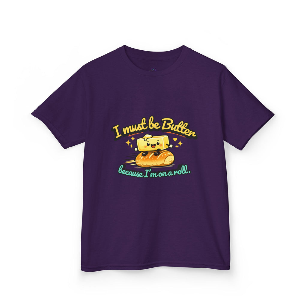 I Must Be Butter because I'm on a roll Kids Tee | Cute Butter Toast Cartoon, Playful Food Shirt