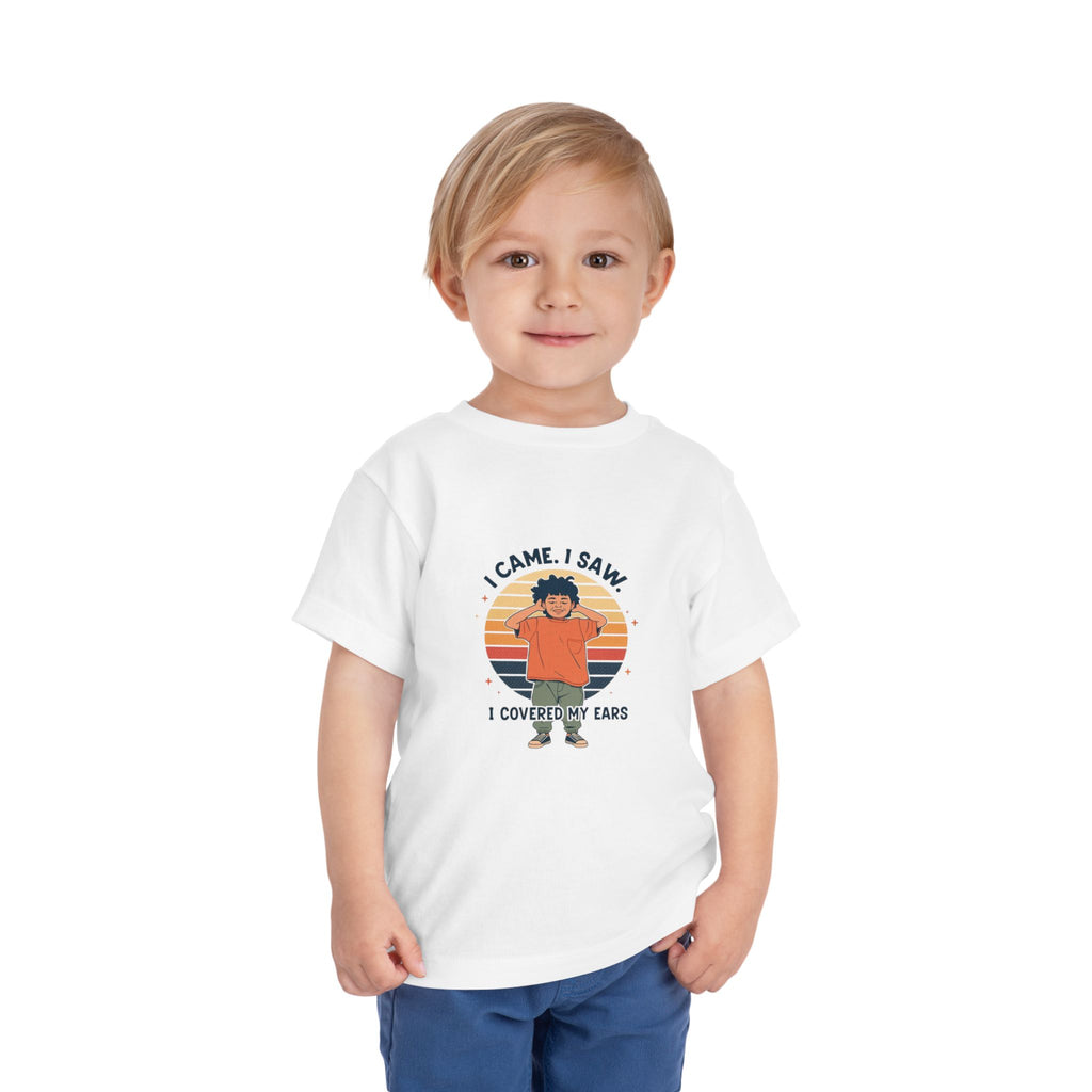 I Came I Saw I Covered My Ears Toddler Tee | Retro Sunset Boy Illustration