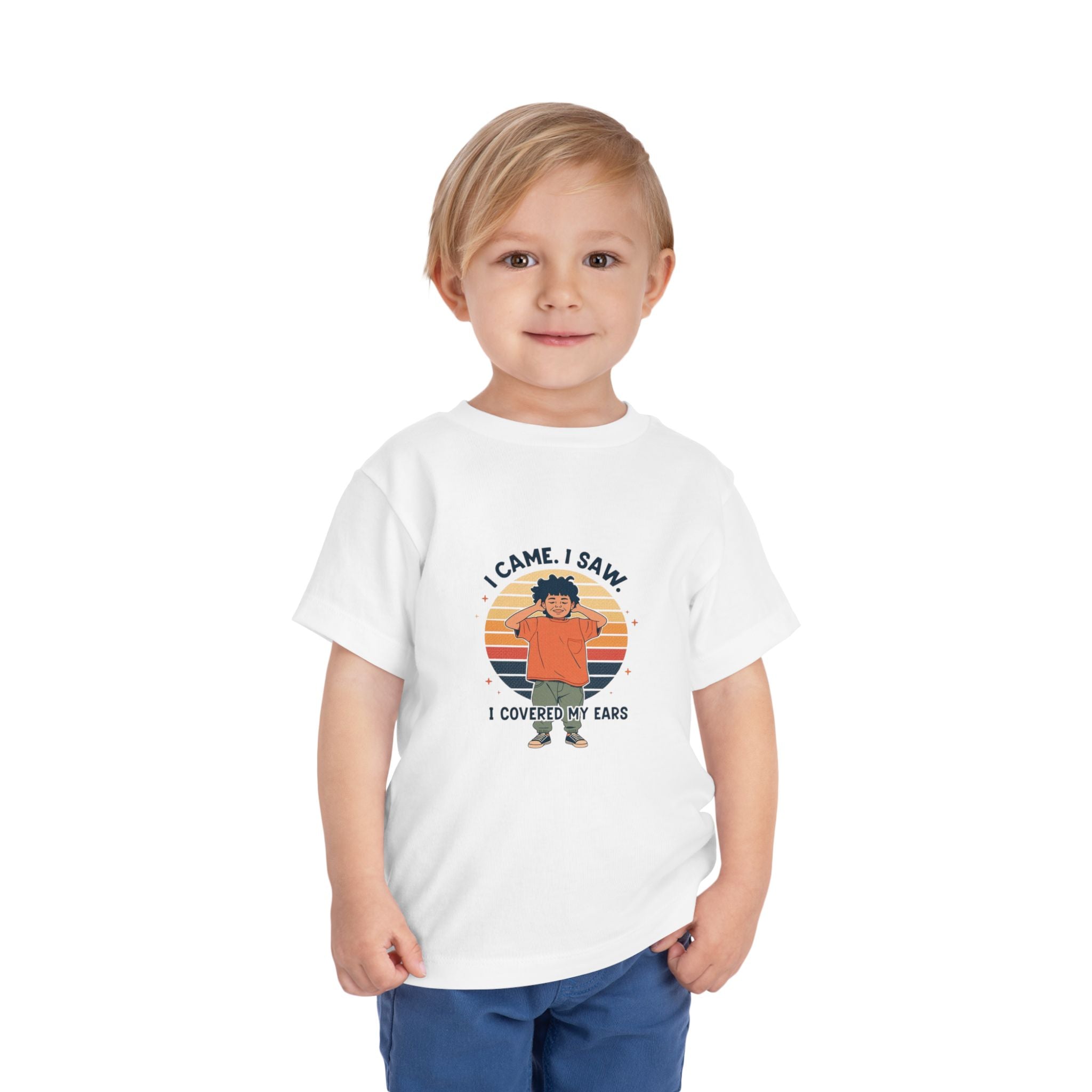 I Came I Saw I Covered My Ears Toddler Tee | Retro Sunset Boy Illustration