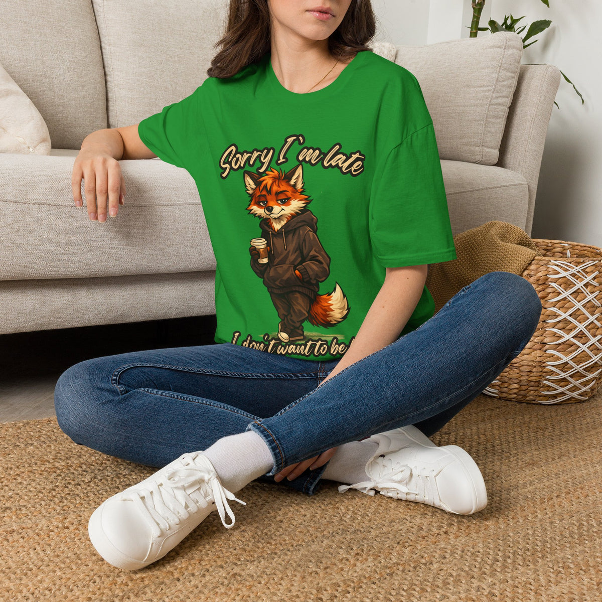 Sorry I'm Late I don't want to be here Cartoon Fox Graphic T-Shirt | Fox Illustration