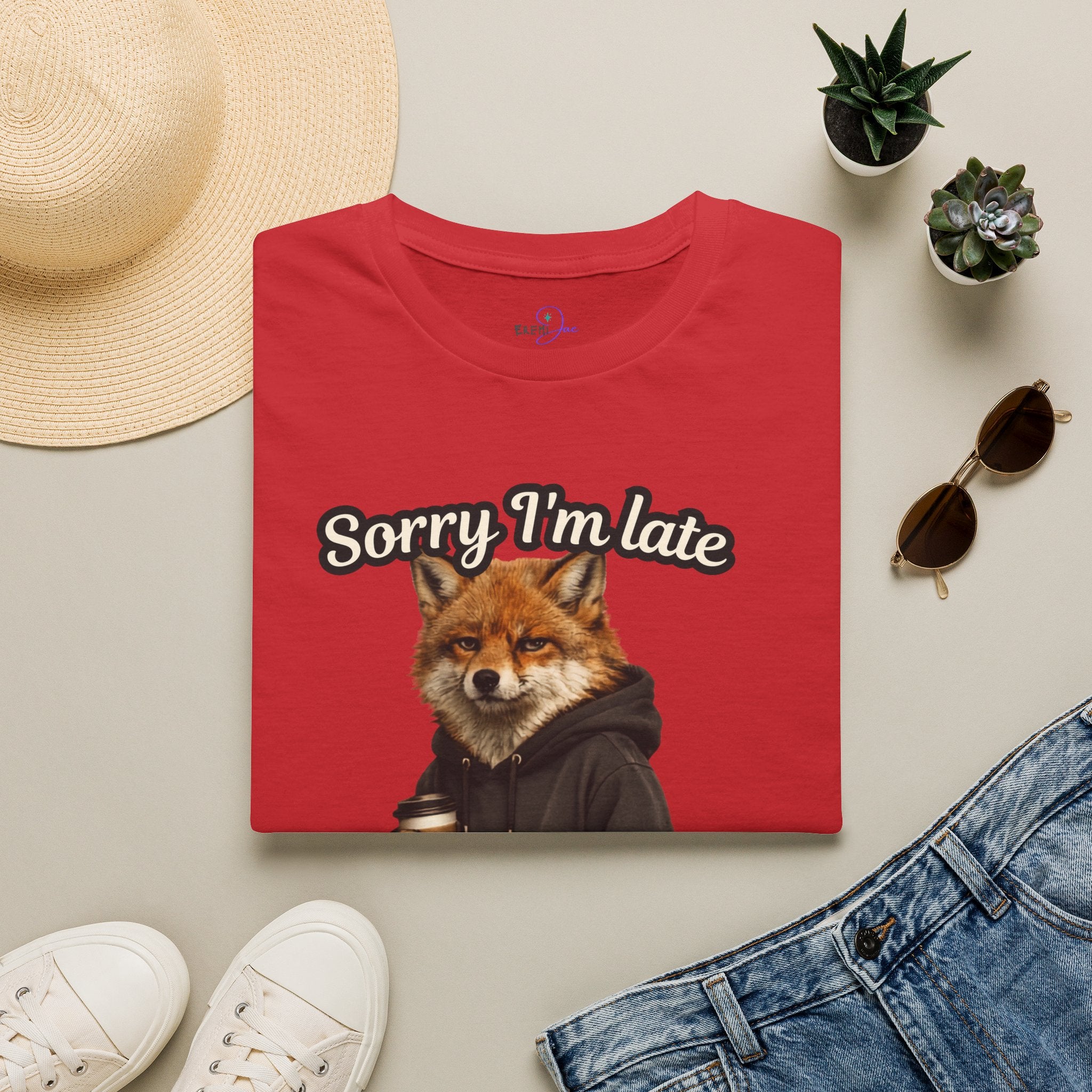 Sorry I'm Late I don't want to be here Realistic Fox Hoodie Graphic T-Shirt | Fox with Coffee Shirt