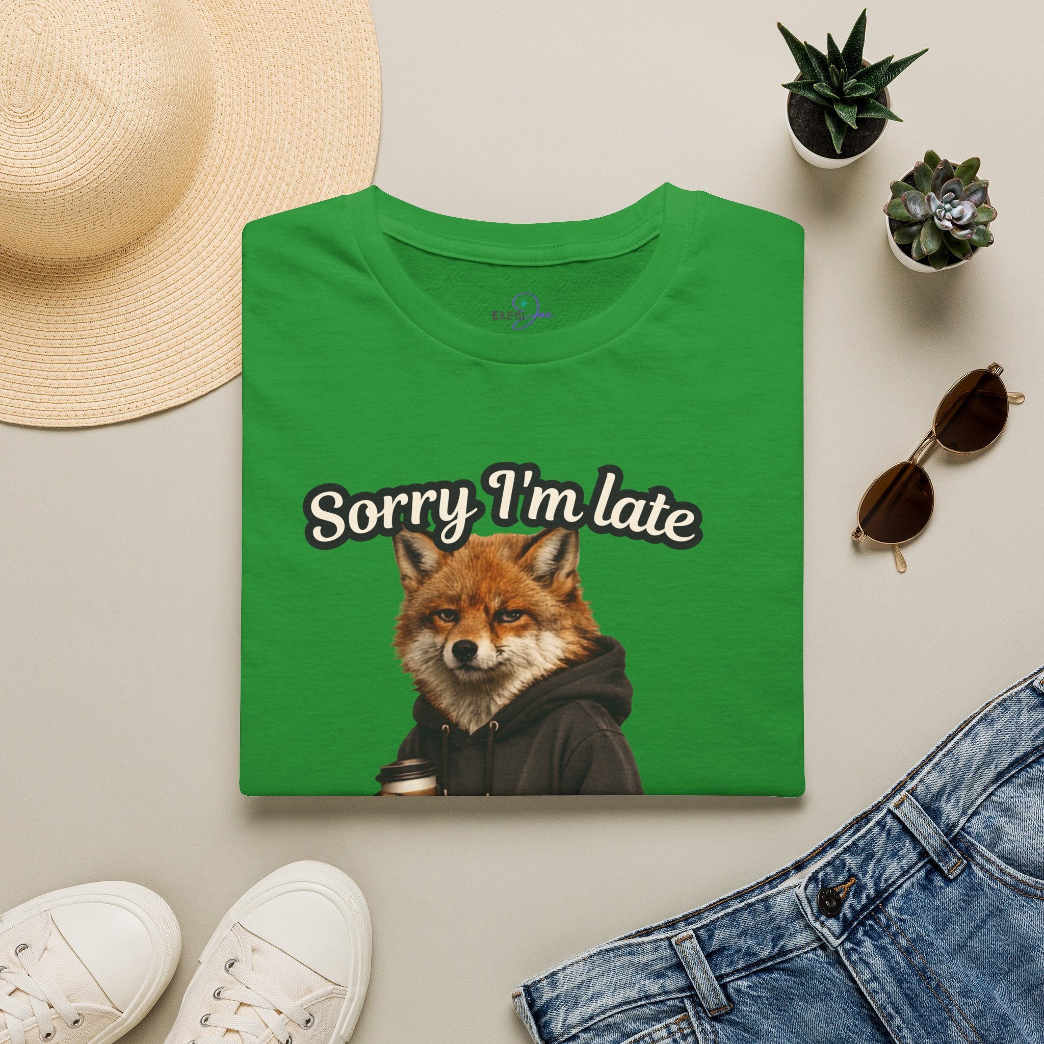 Sorry I'm Late I don't want to be here Realistic Fox Hoodie Graphic T-Shirt | Fox with Coffee Shirt