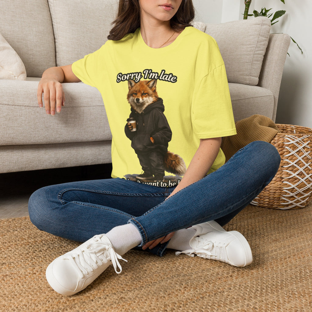 Sorry I'm Late I don't want to be here Realistic Fox Hoodie Graphic T-Shirt | Fox with Coffee Shirt