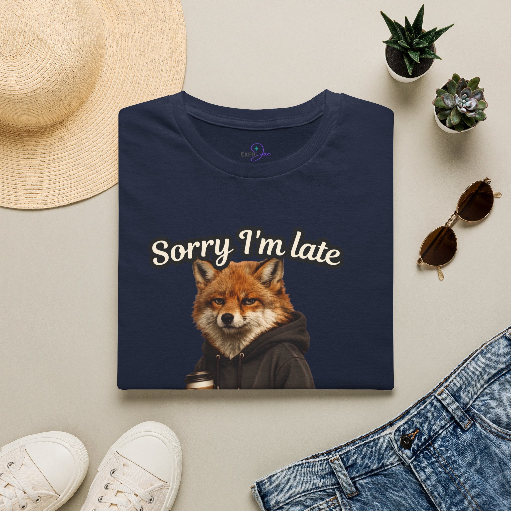 Sorry I'm Late I don't want to be here Realistic Fox Hoodie Graphic T-Shirt | Fox with Coffee Shirt